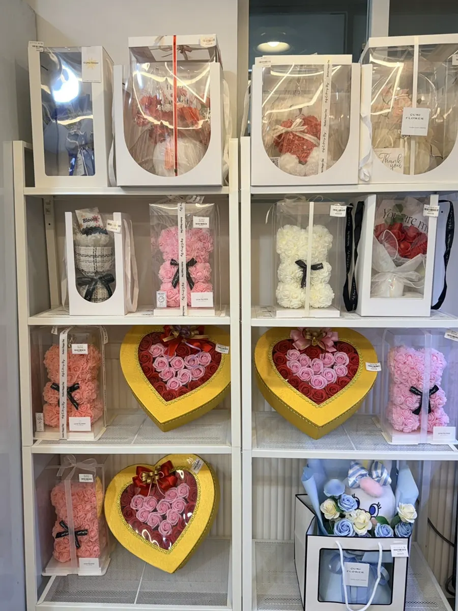 Preserved flower products on display in the shop
