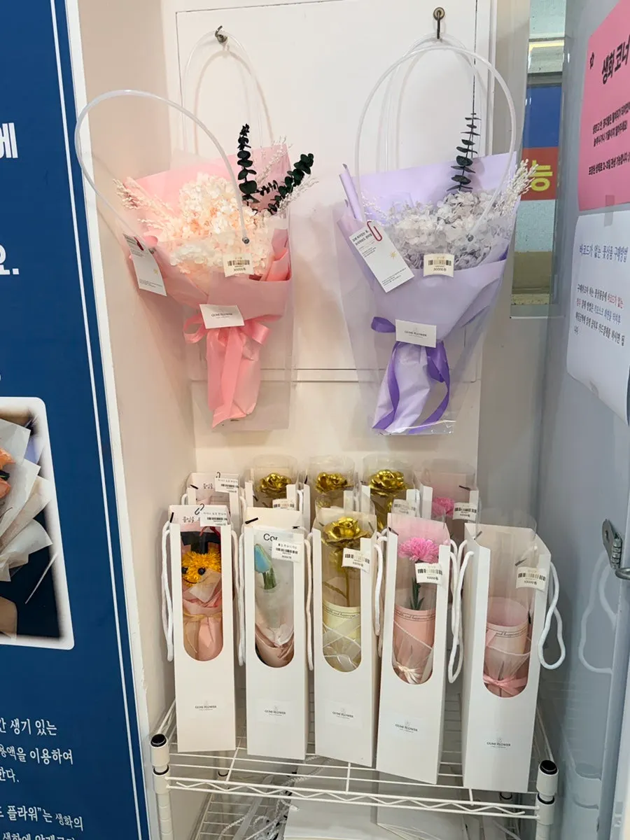 A variety of flower products displayed in the shop