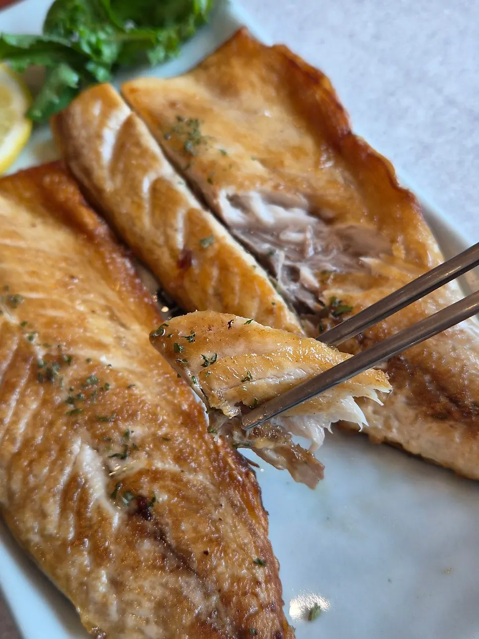 Close-up of golden grilled mackerel
