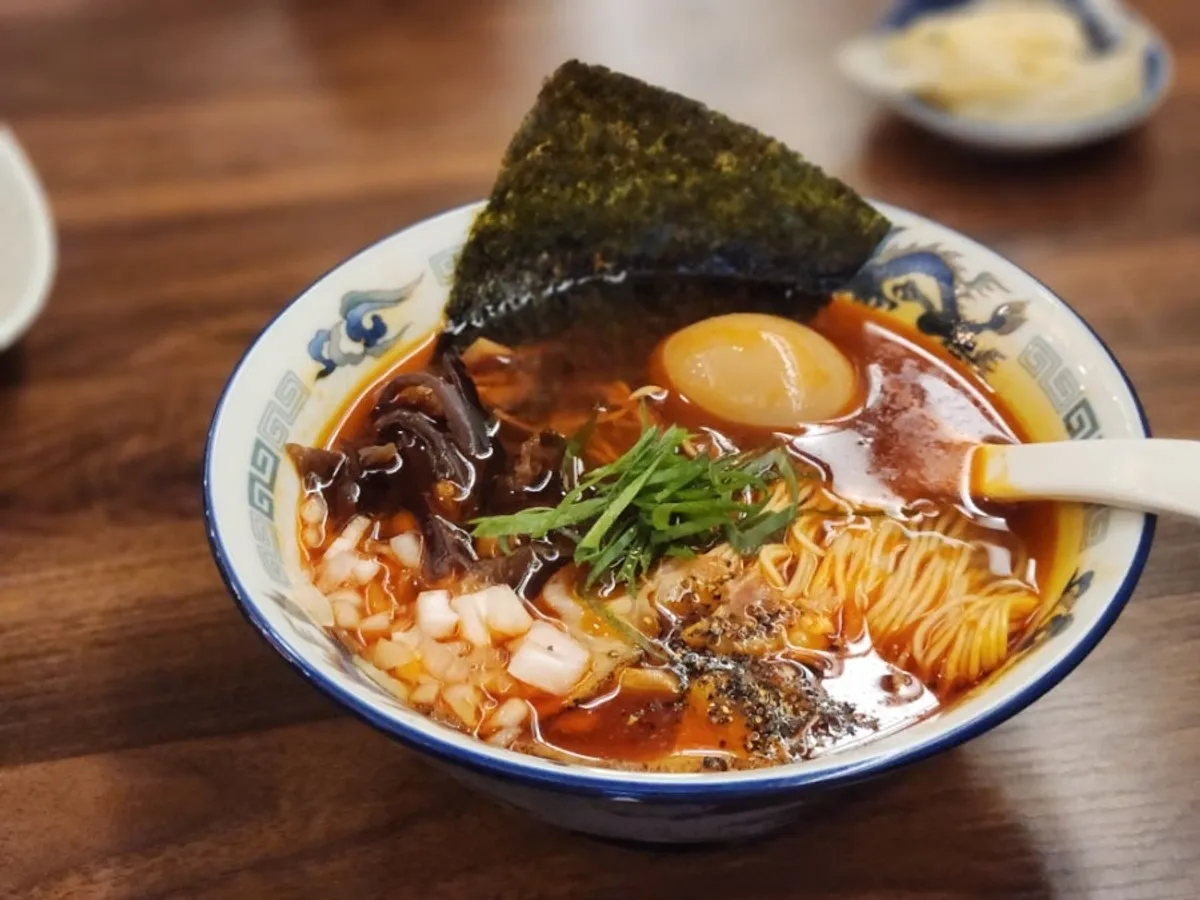 A bowl of Menya Tanuki's spicy shoyu ramen