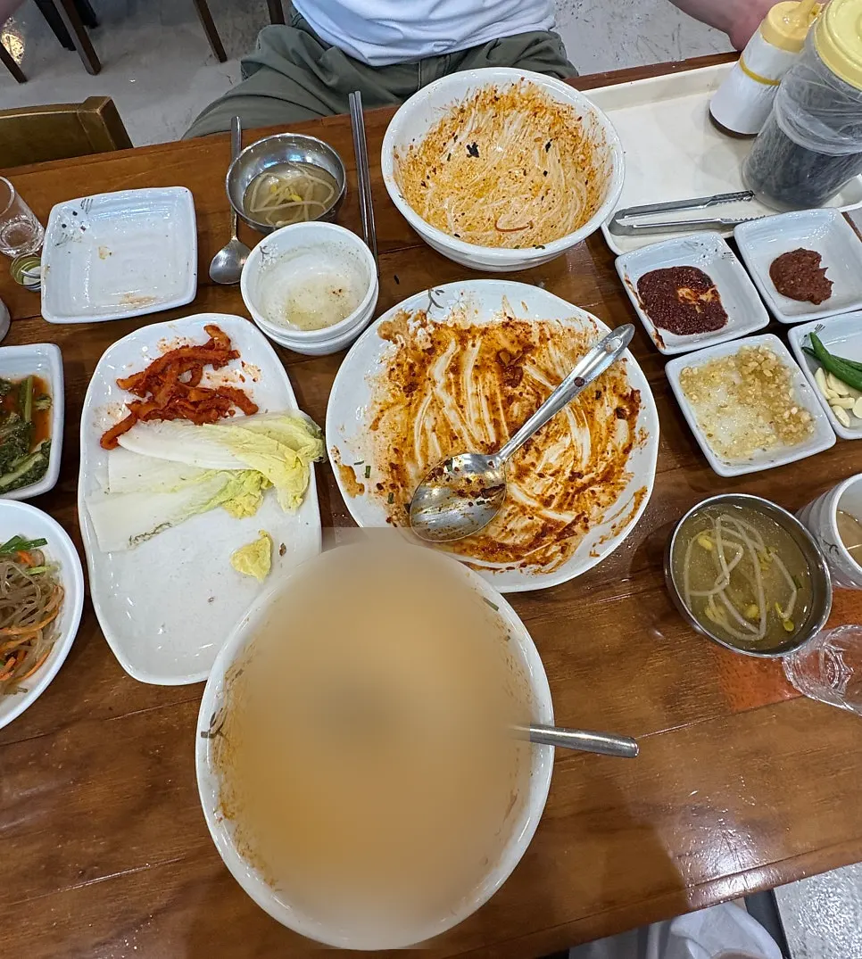 Empty dishes after finishing the meal at Imgane Nakji Bossam
