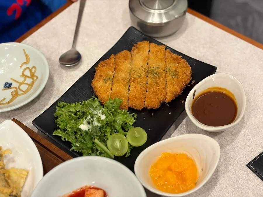 Thin-fried pork cutlet with sauce and canned mandarin oranges