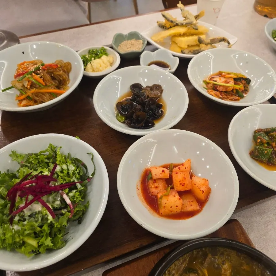 Basic side dishes including japchae and pickled wood ear mushrooms