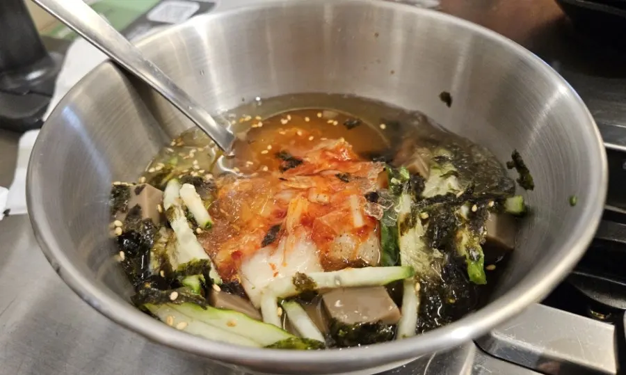 Complimentary mukbap (acorn jelly salad)
