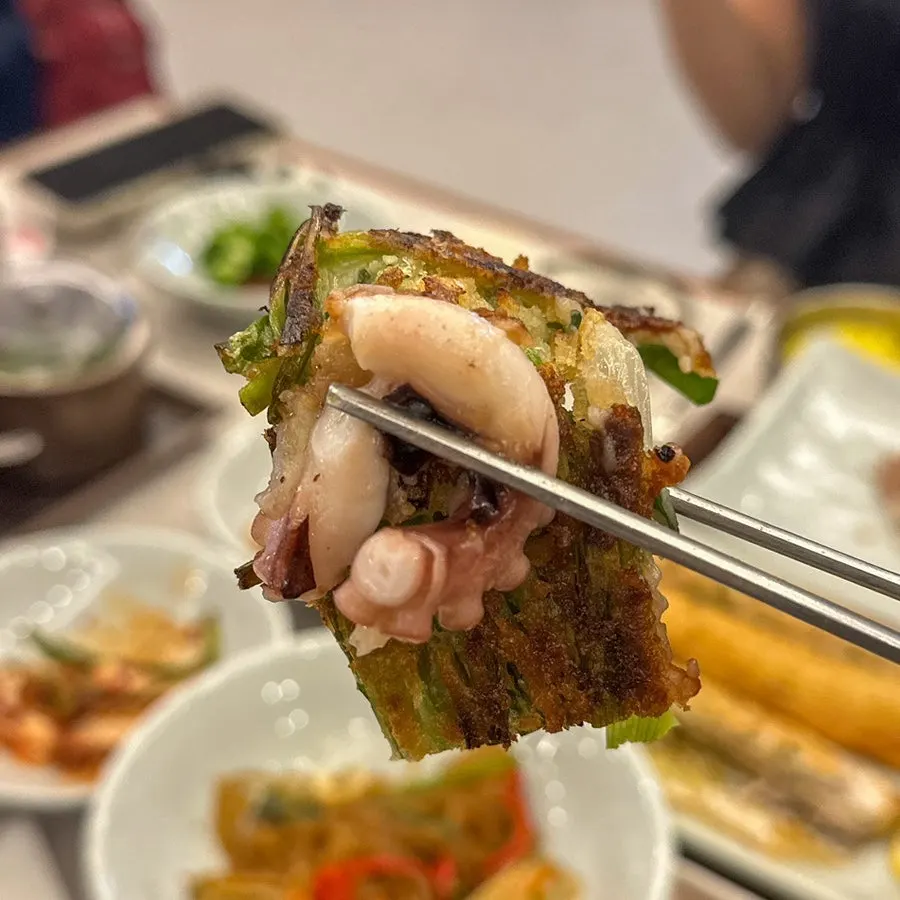 Octopus pancake showing its crispy edges
