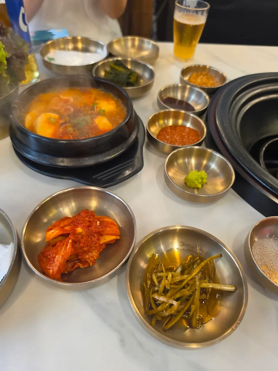Basic side dishes set out before eating meat