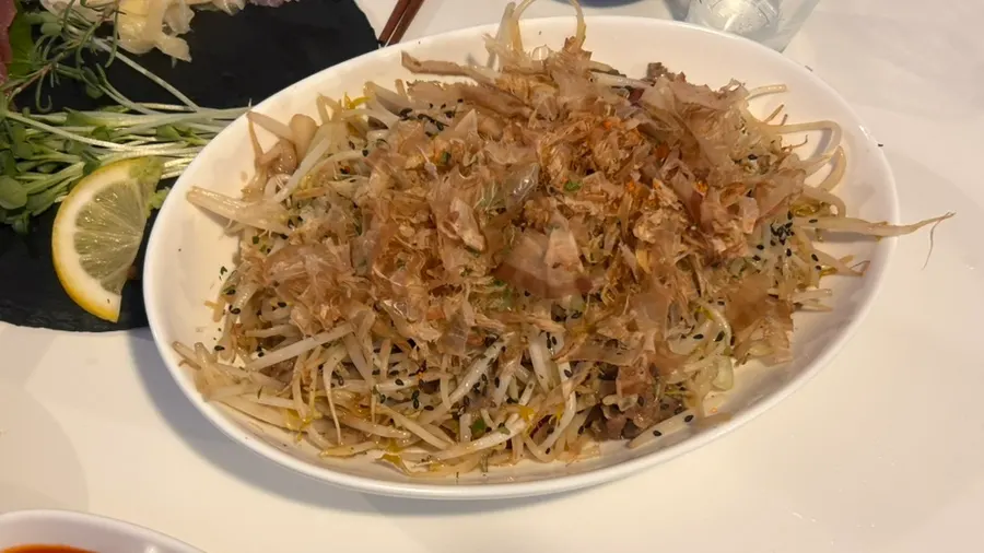 Plate of Irow's beef brisket bean sprout stir-fry