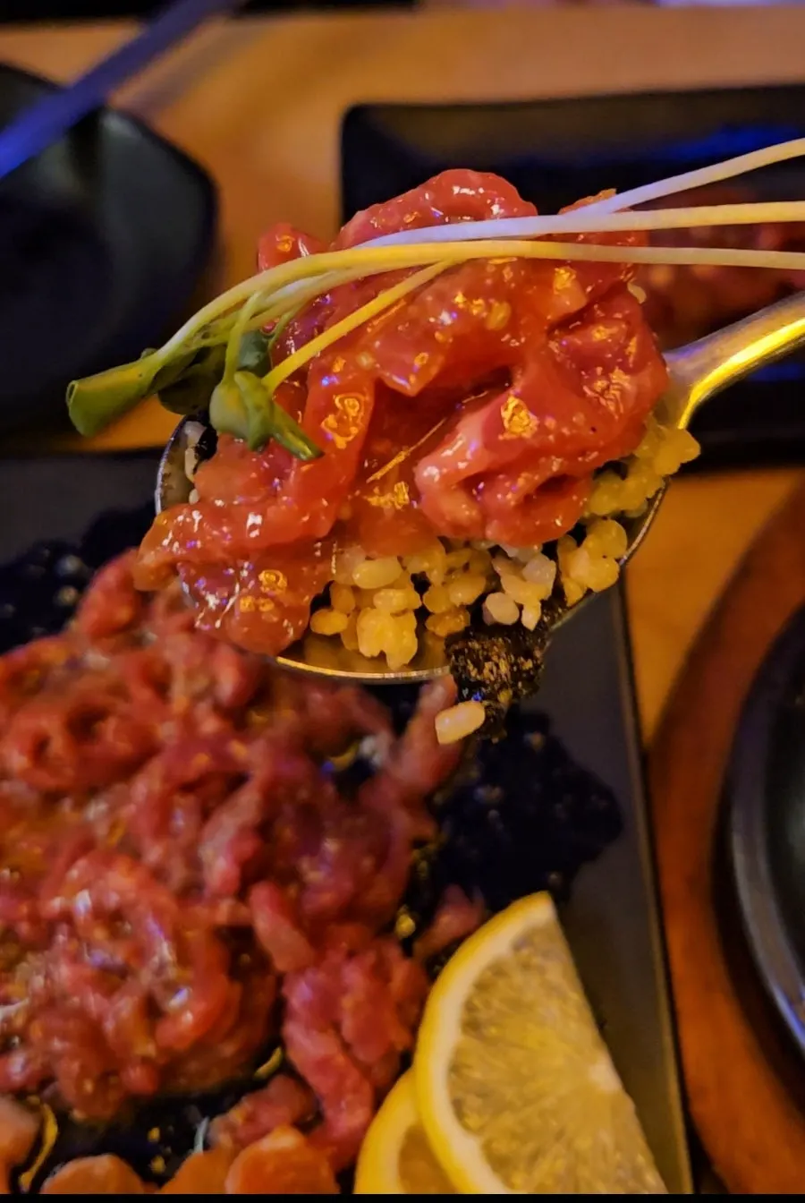 Close-up of glossy beef tartare