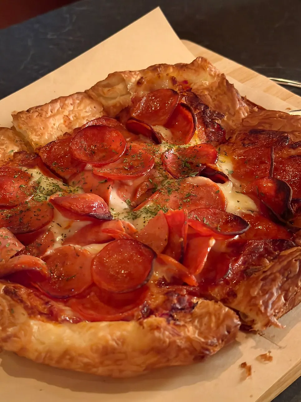 Pastry pepperoni pizza