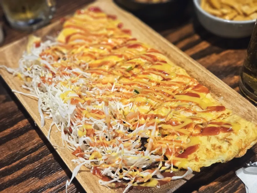 Close-up of a slice of the egg roll
