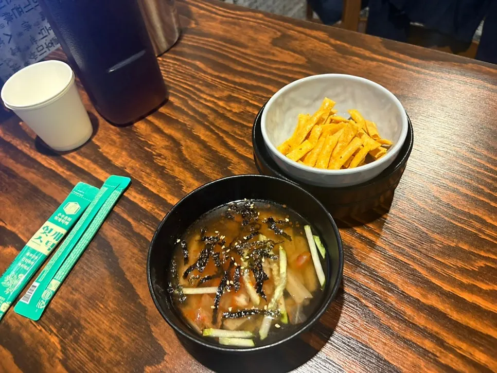 Basic side dishes of mukjuk and crackers served at the table