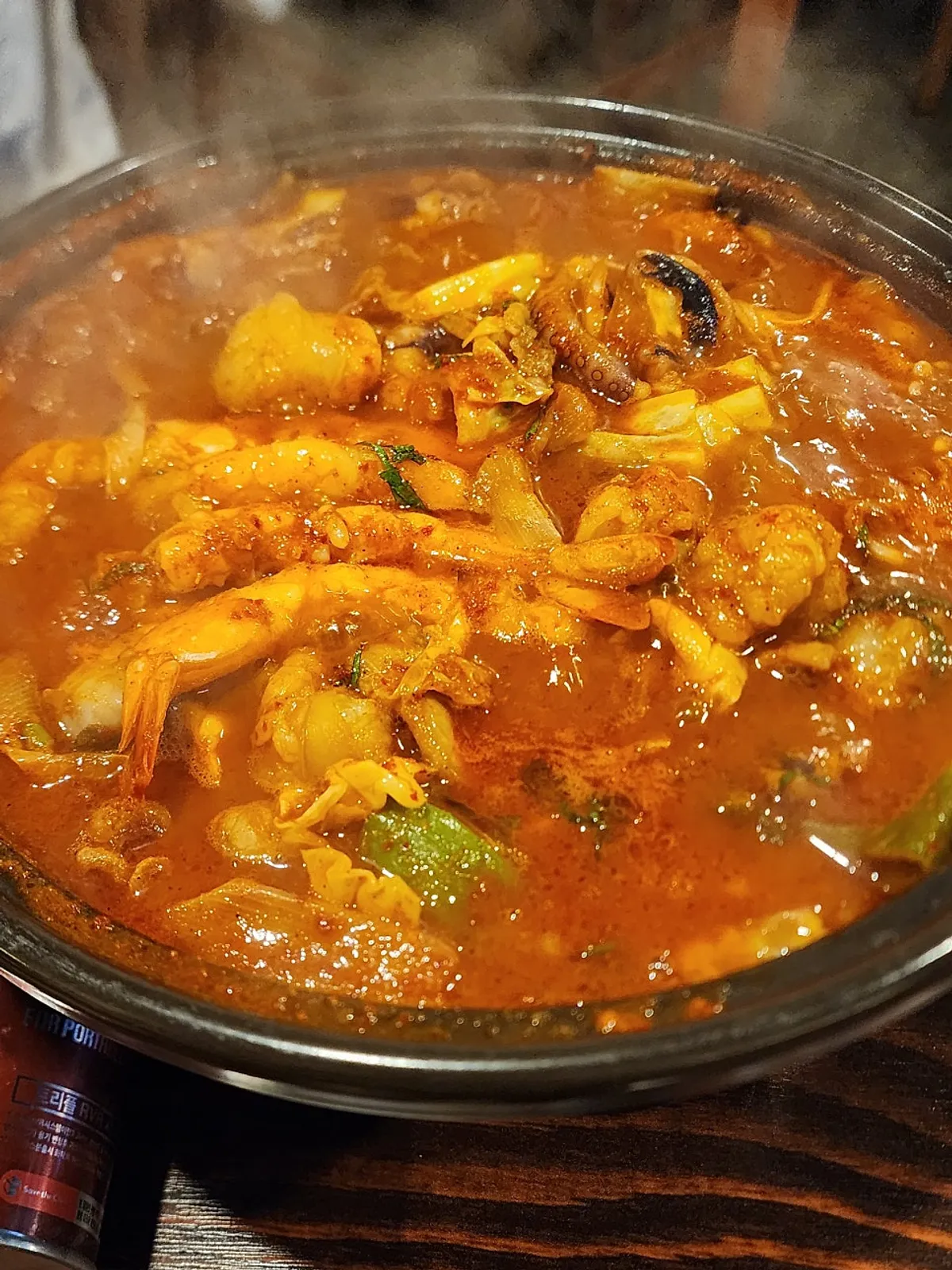 Nakgopsae stew fully bubbling and finished