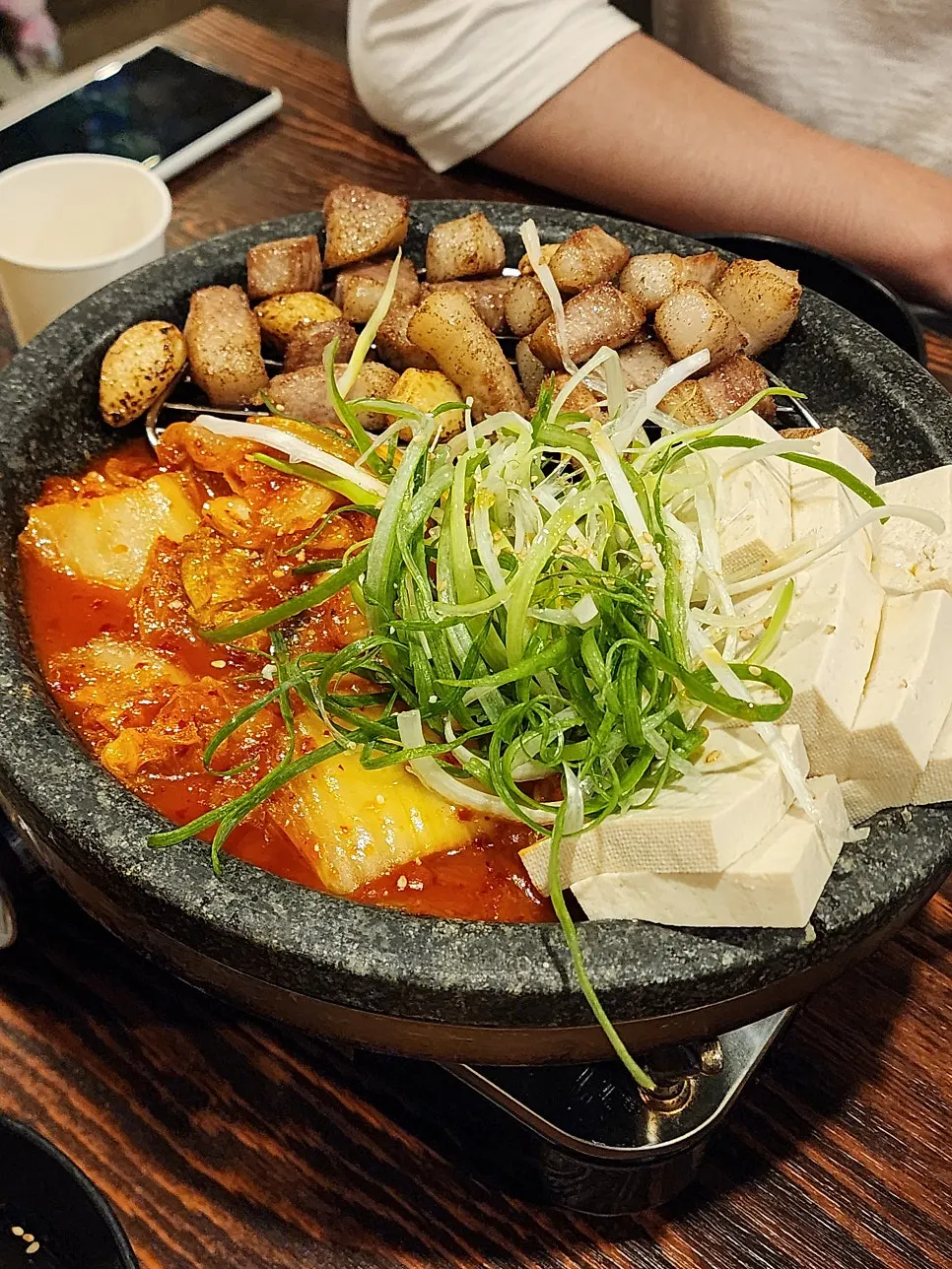 Close-up of nakgopsae with large shrimp and beef intestine