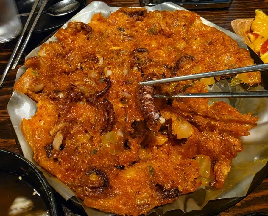 Kimchi pancake with octopus and shrimp