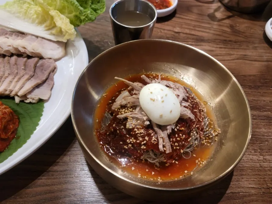 Close-up of the bibim naengmyeon sauce and noodles