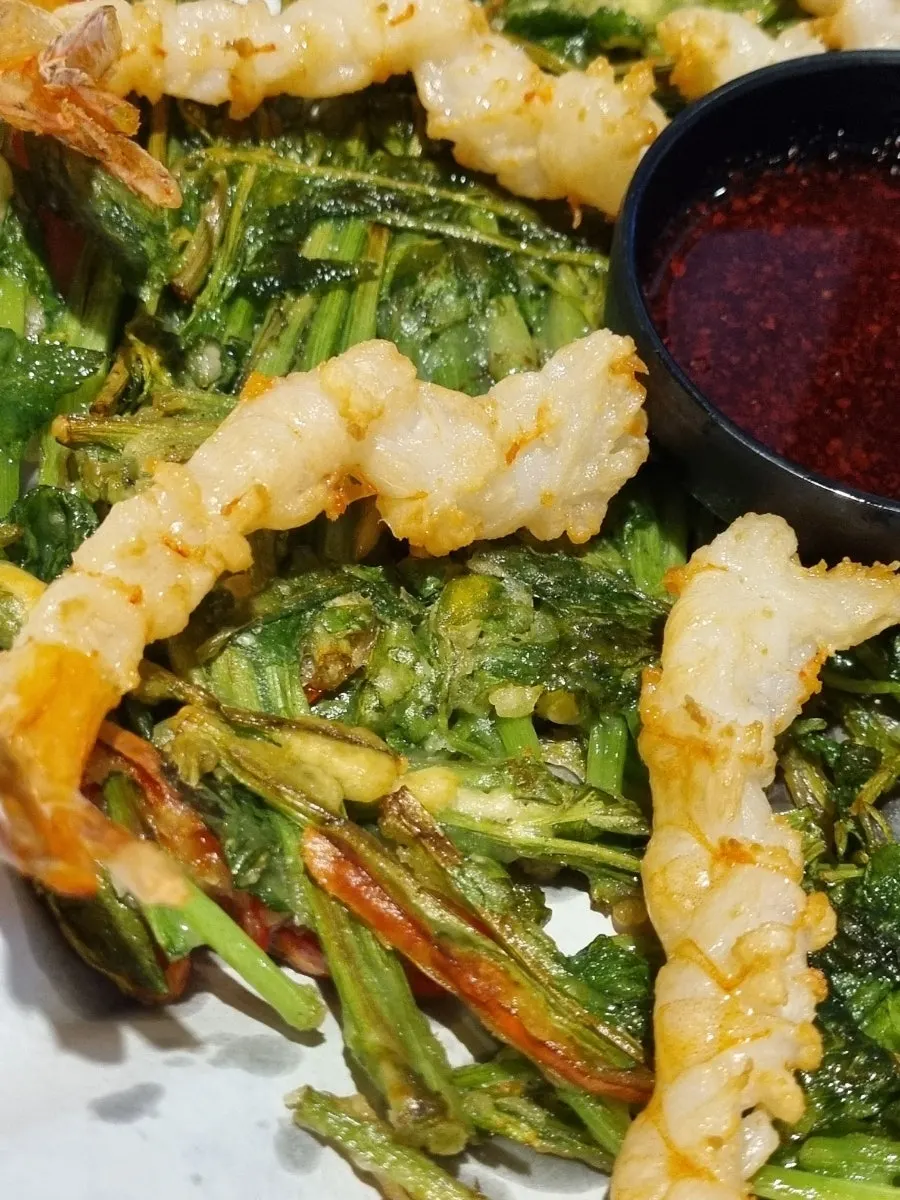 Minari jeon with whole shrimp