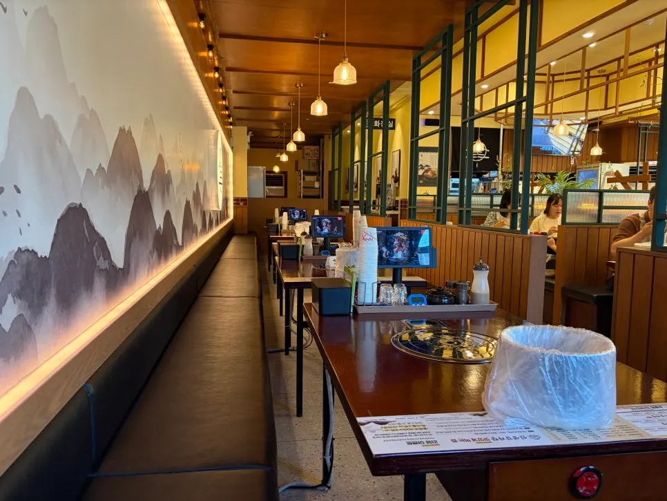 Spacious wood-toned restaurant seating