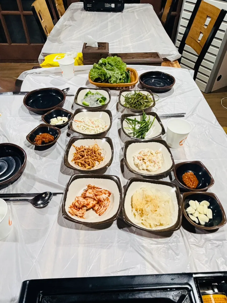 Basic side dish spread with shredded green onion and salad