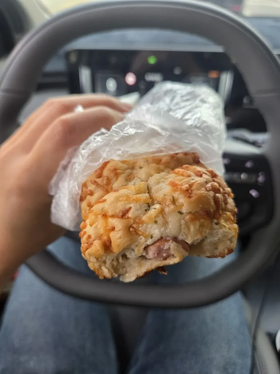 Chewy, layered interior of torn salt bread