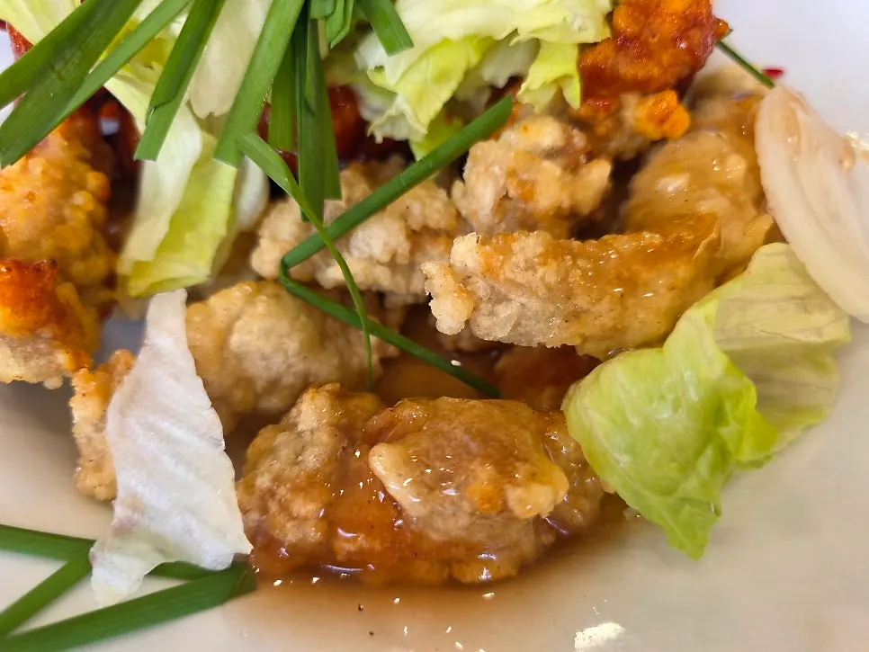 Close-up of tangsuyuk with dipping sauce