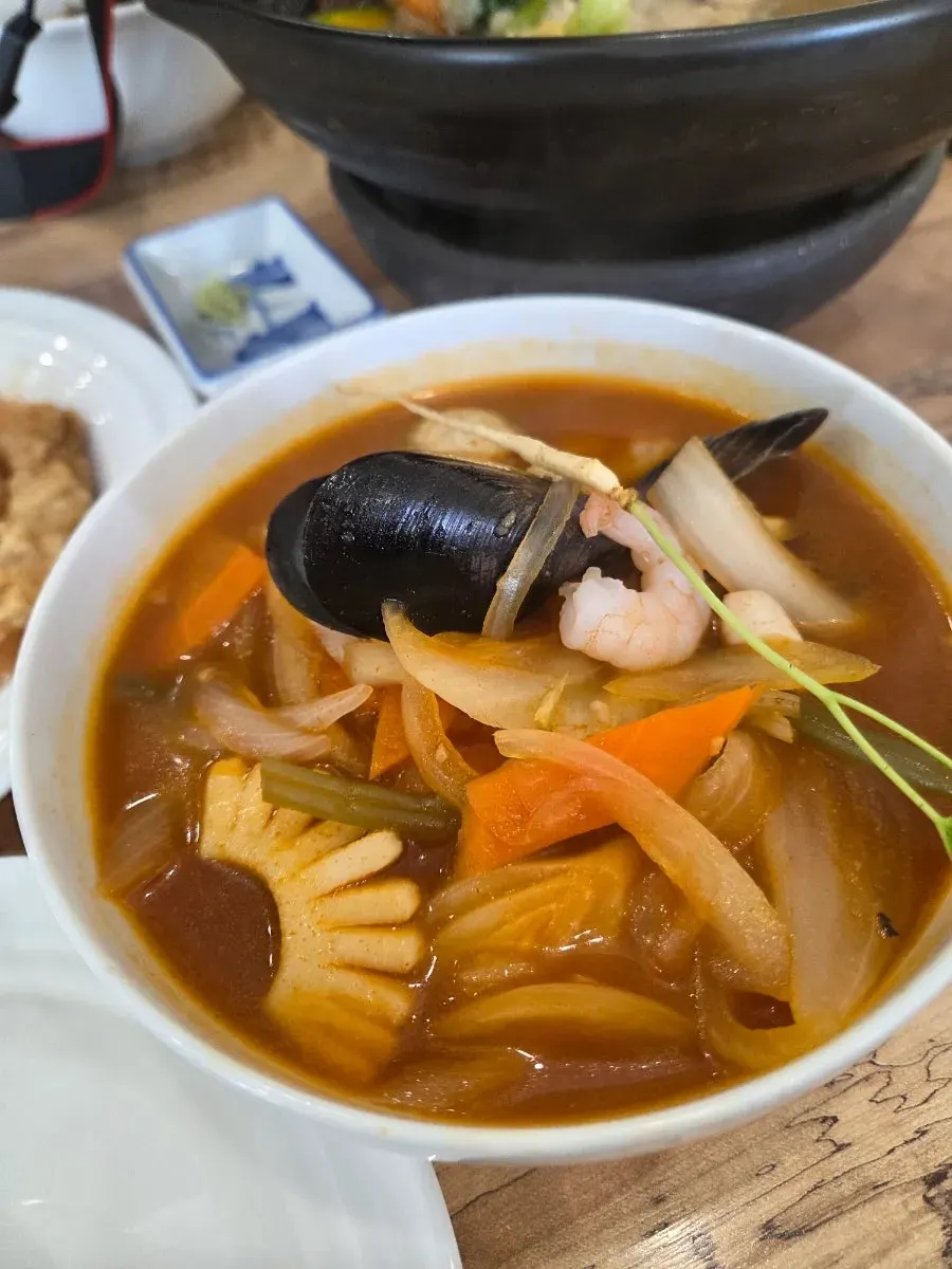 Jjambbong made with an herbal broth of chaga mushroom and medicinal herbs