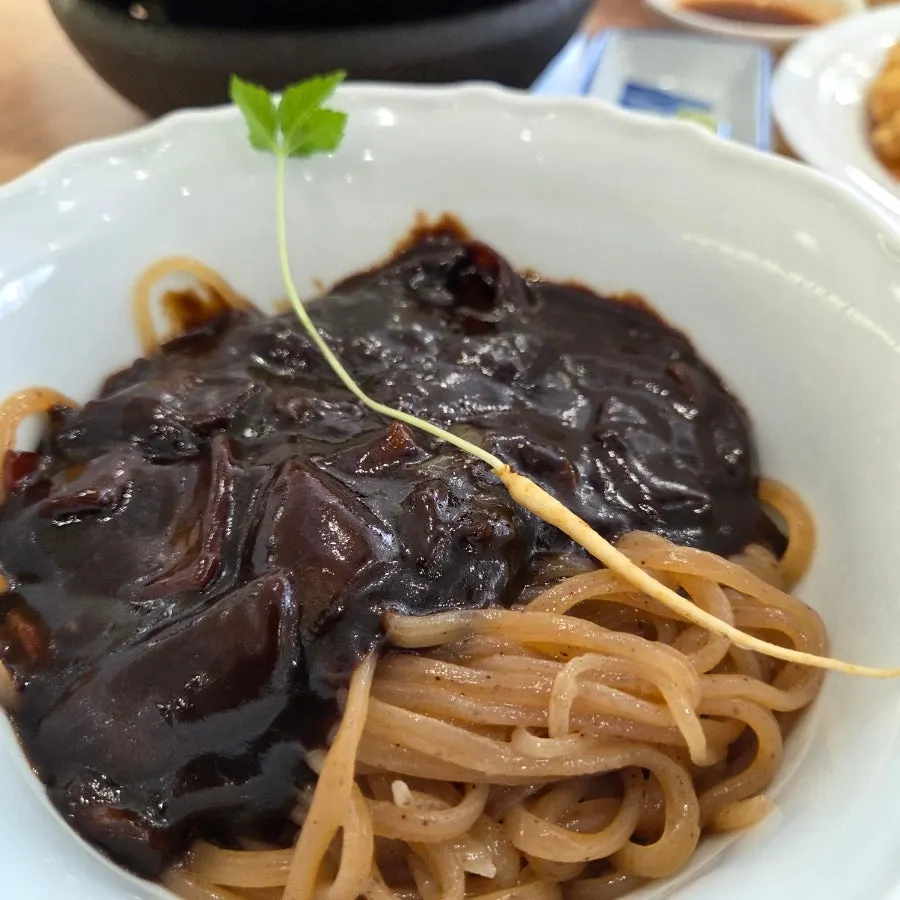 Close-up of the chaga mushroom noodles, colored differently from regular noodles