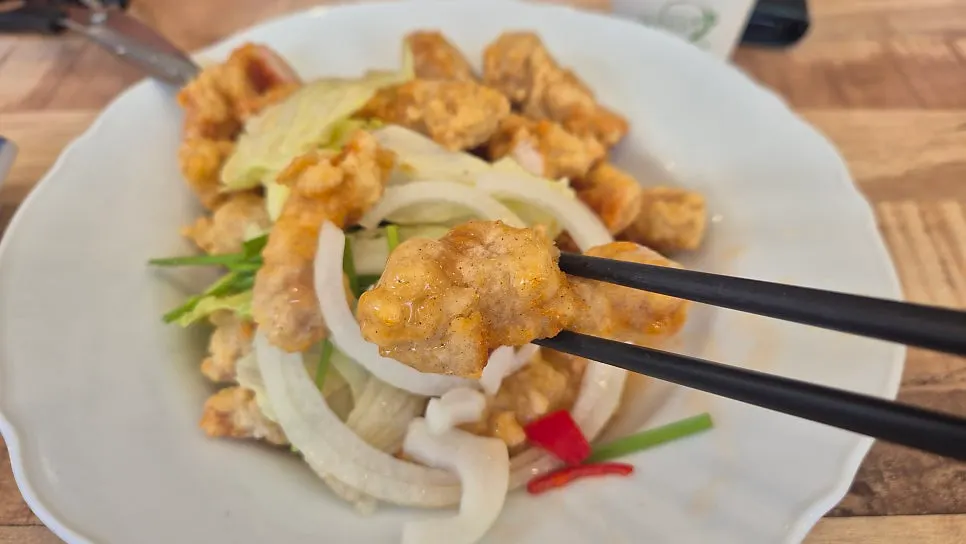 Thick-cut tangsuyuk (small) served with wasabi