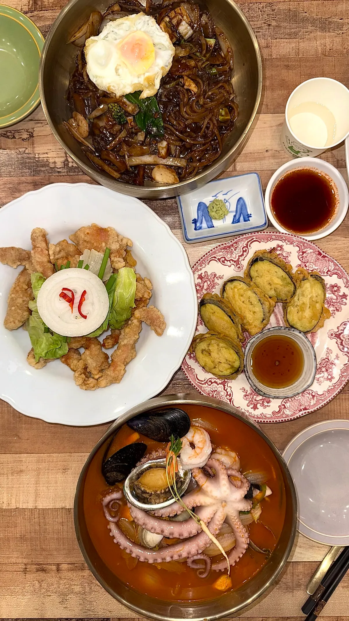 A full spread of jjambbong, jjajang, and tangsuyuk at Gupo Jjambbong