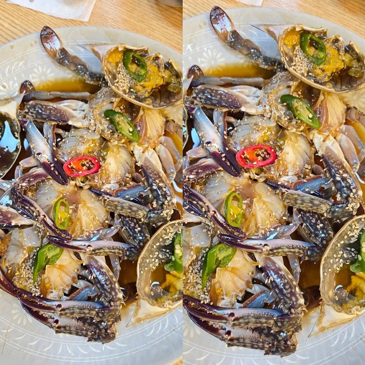 Unlimited crab refill table setting with soy and spicy marinated crab