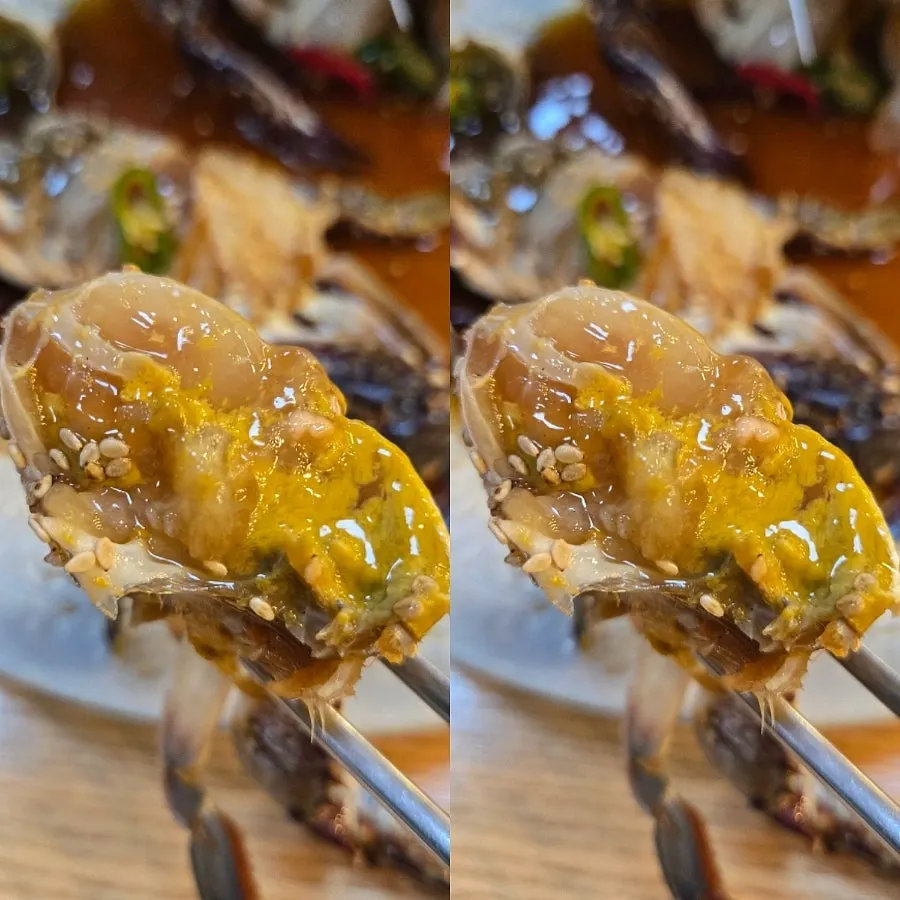 Close-up of soy-marinated crab full of roe