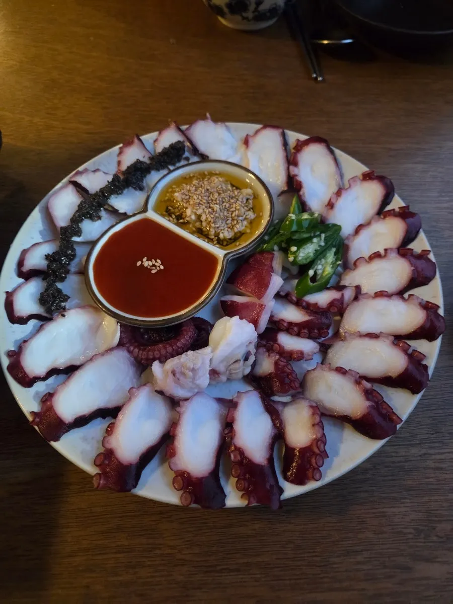 Boiled octopus served with chojang and garlic-oil sauce
