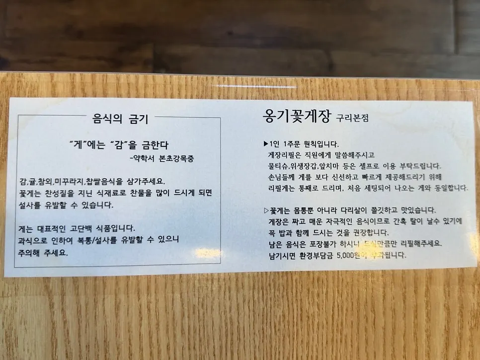 Table notice listing foods to be careful with when eating crab