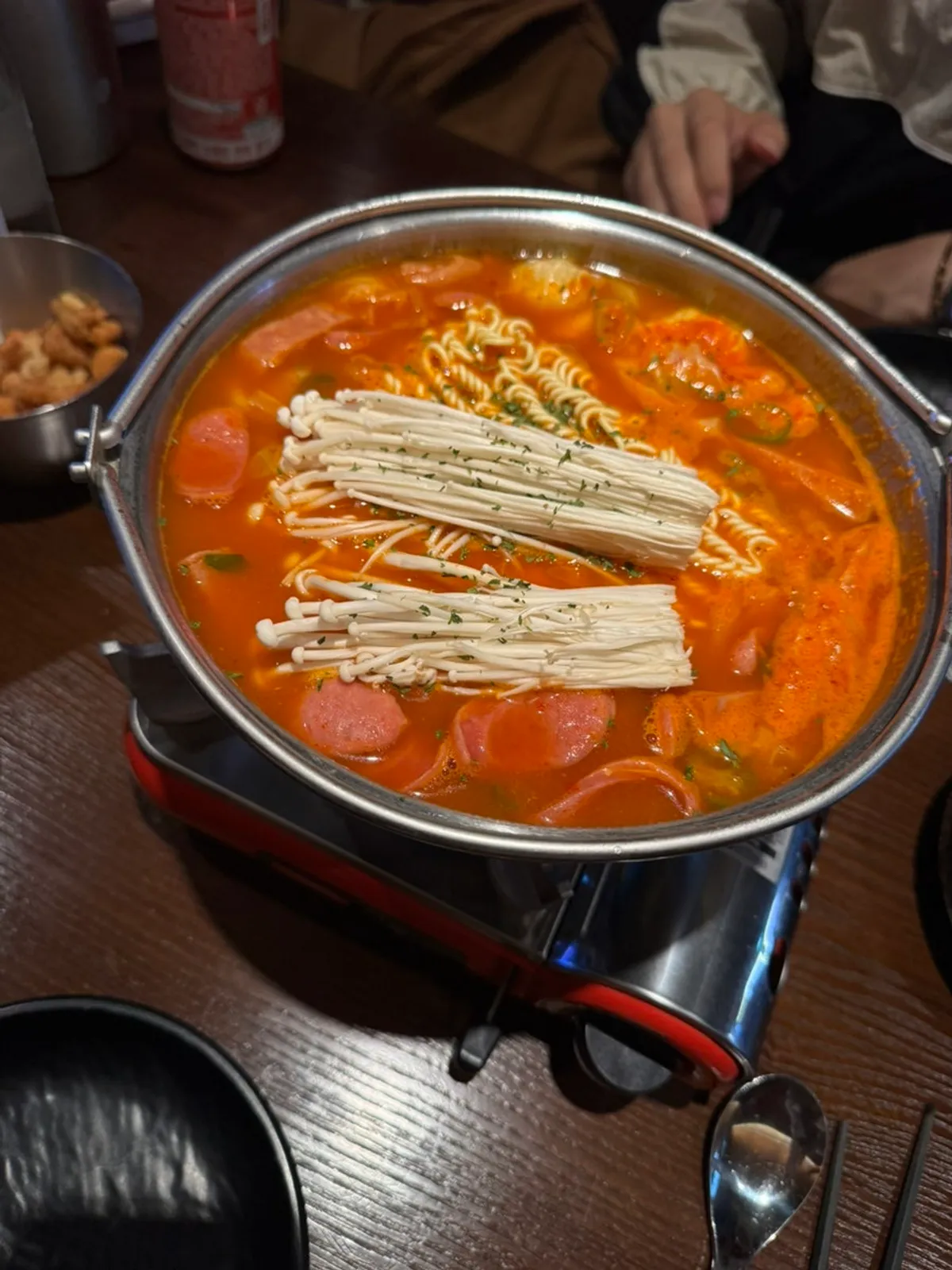 Monthly Beer's budae-jjigae with ramyeon noodles and ham