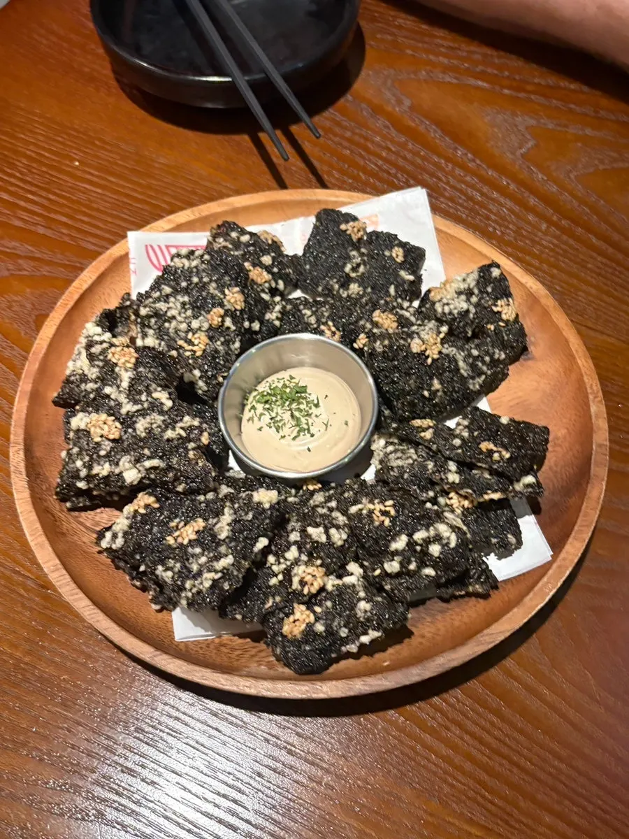 Close-up of gimbugak with truffle mayo sauce