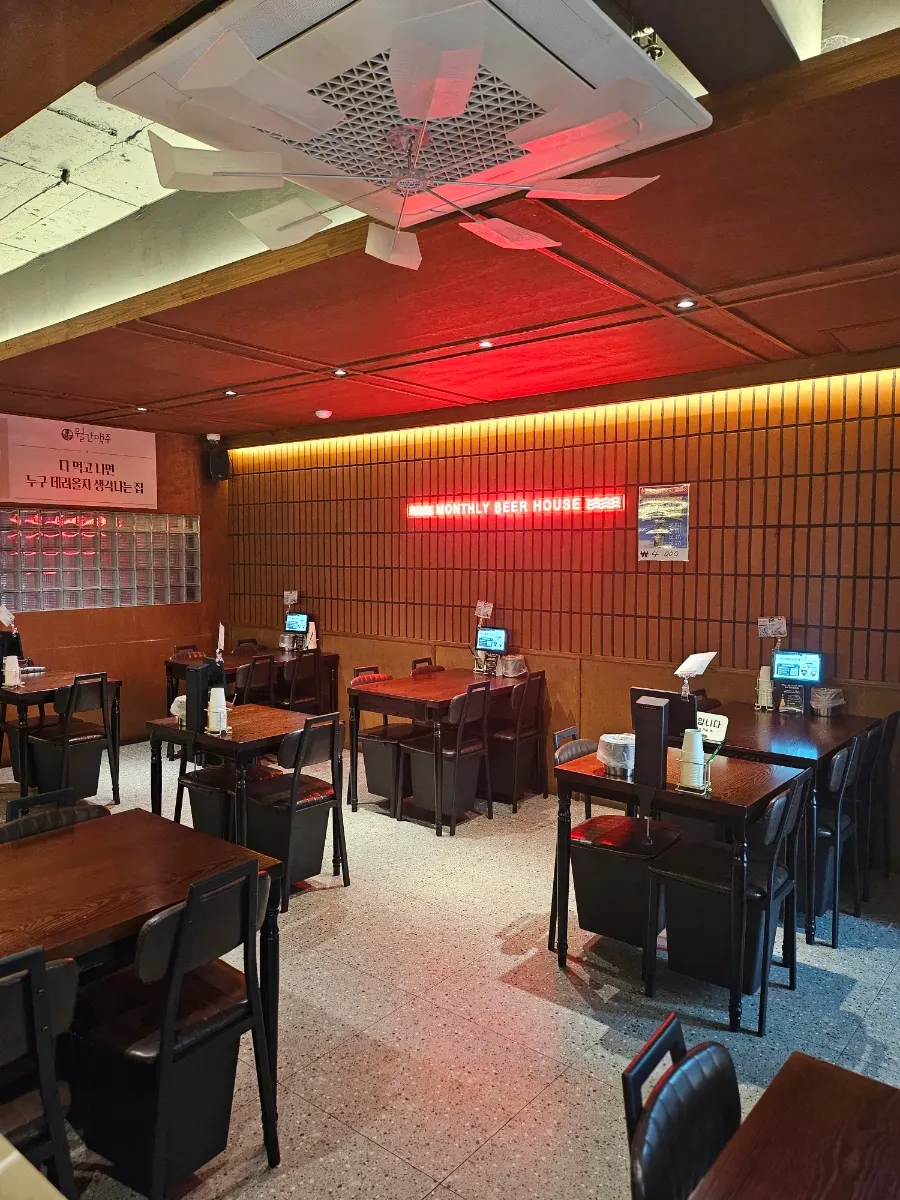Calm interior of Monthly Beer with dimmed lighting