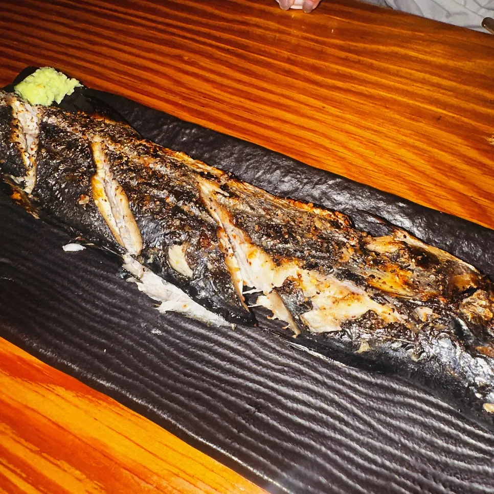 Close-up of the crispy-skinned grilled mackerel