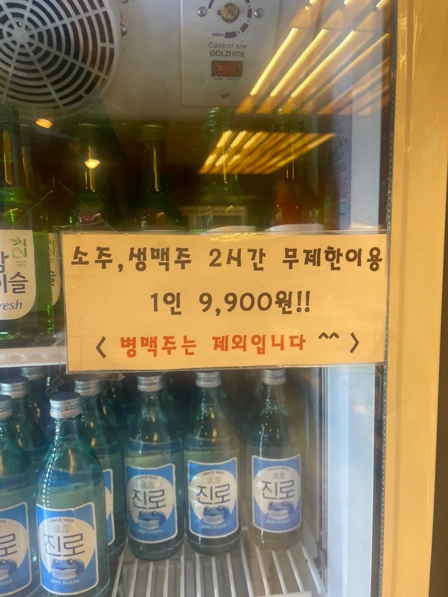 Signage explaining unlimited alcohol and the fridge