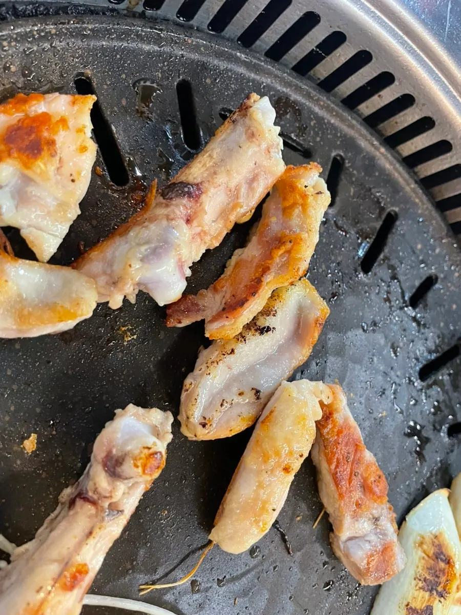 Nicely grilled chicken thigh and mushrooms