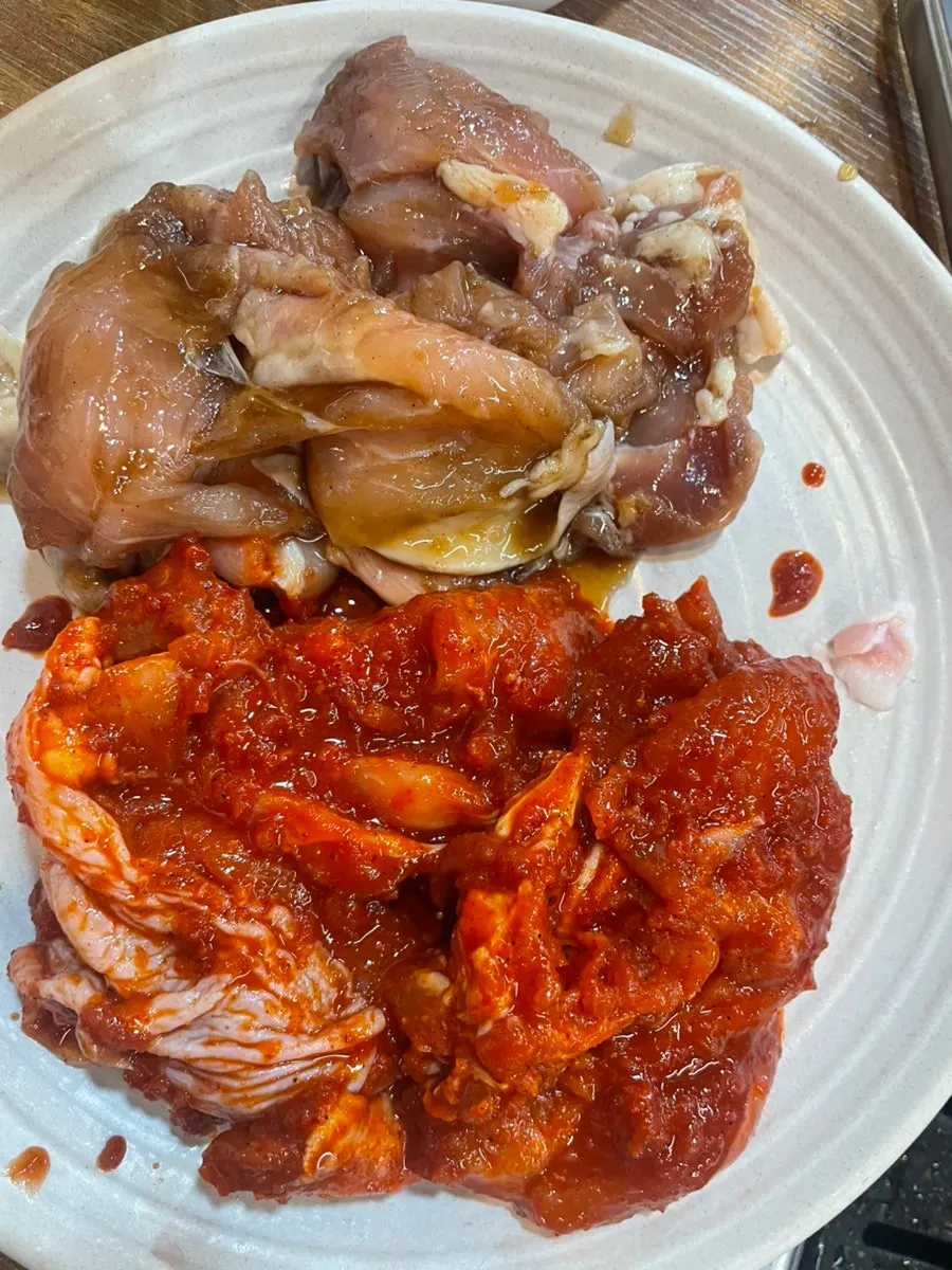 Two types of chicken brought to the table on a plate