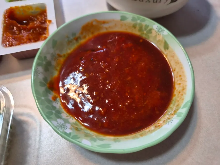 Dipping sauce mixed from chojang, ssamjang, and soy sauce