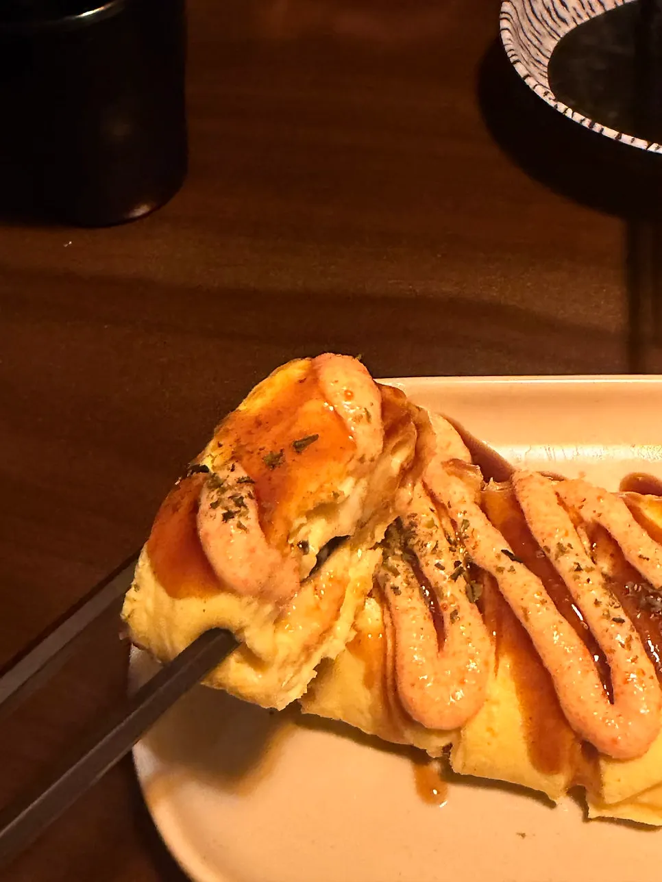 Cross-section of mentaiko cheese rolled omelette