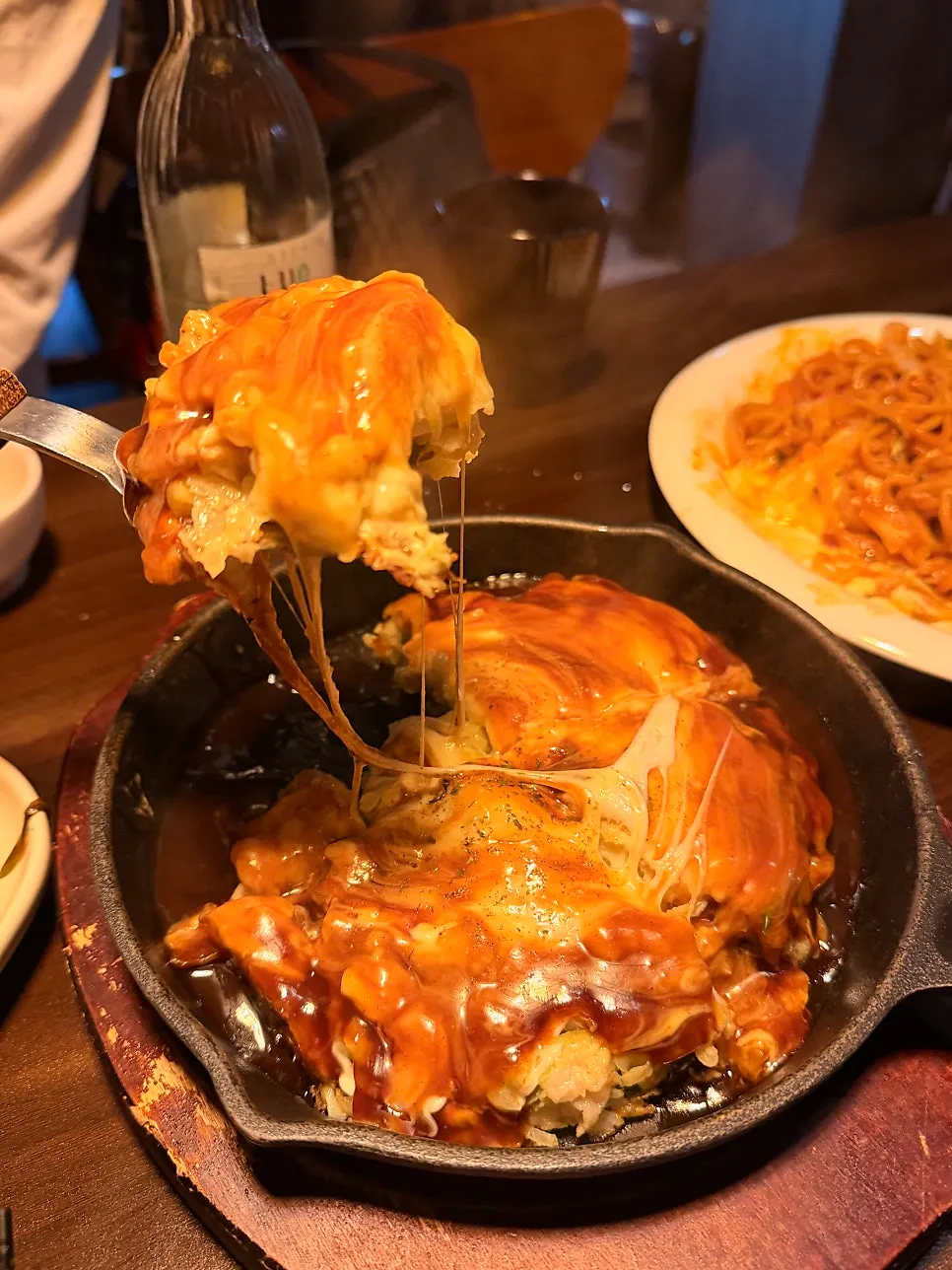 Cross-section of cheese-filled okonomiyaki