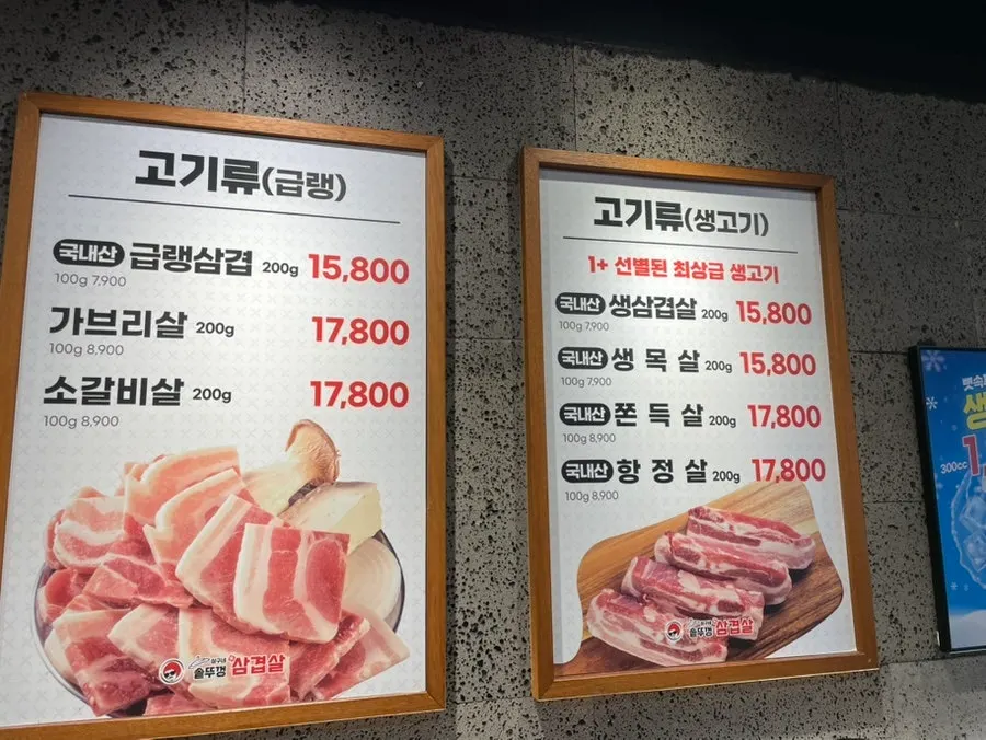 Menu of various meat cuts