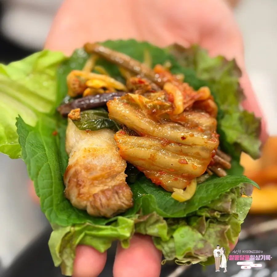 쌈채소와 고기 반찬 쌈 조합