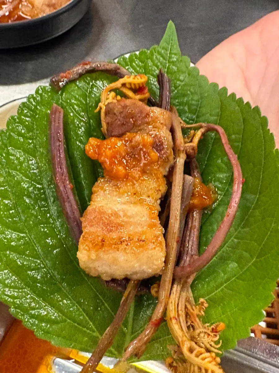 A piece of meat placed on top of the bibim naengmyeon