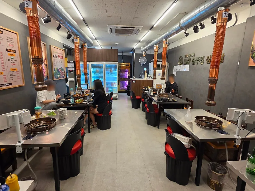 Spacious dining room with many tables