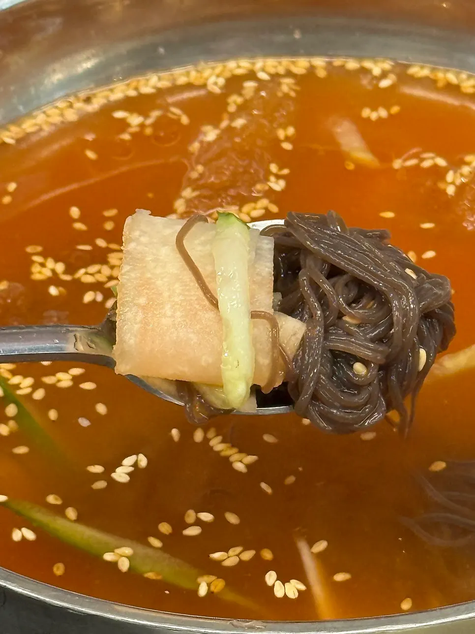 The cold broth and noodles of the mul naengmyeon
