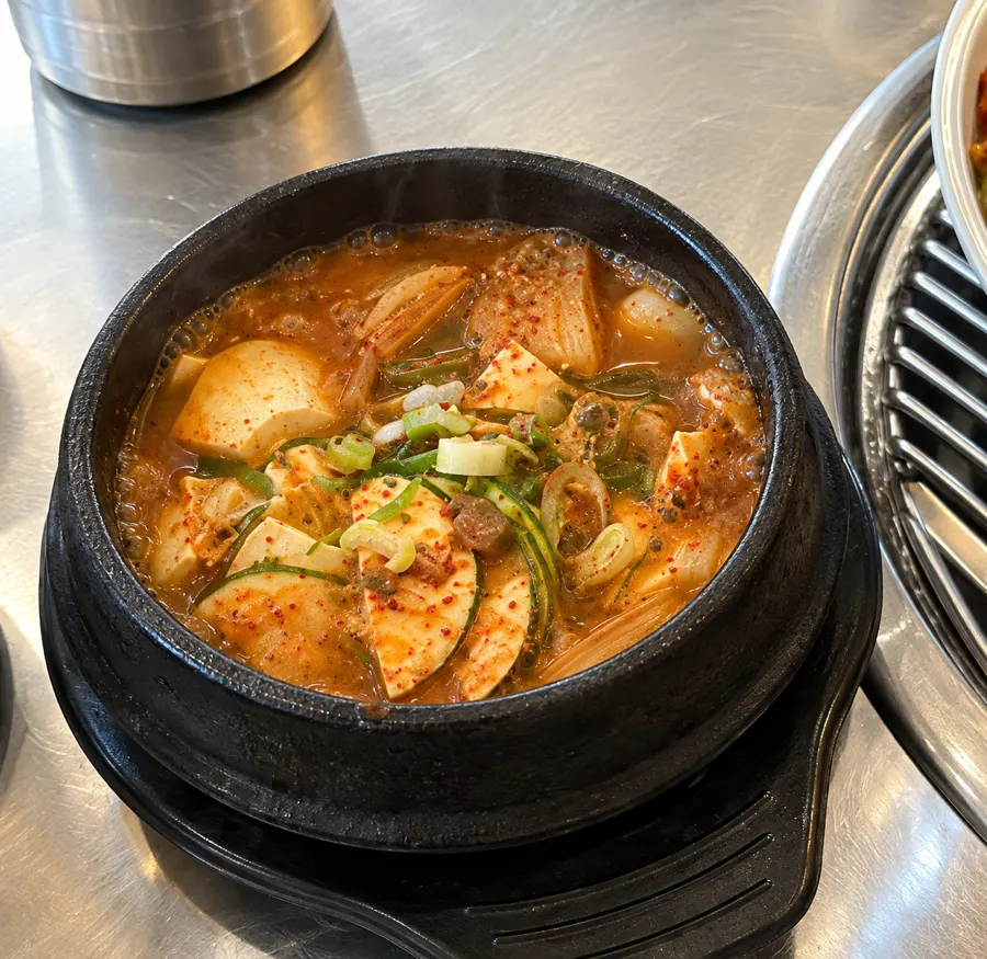 A pot of seafood-based doenjang jjigae