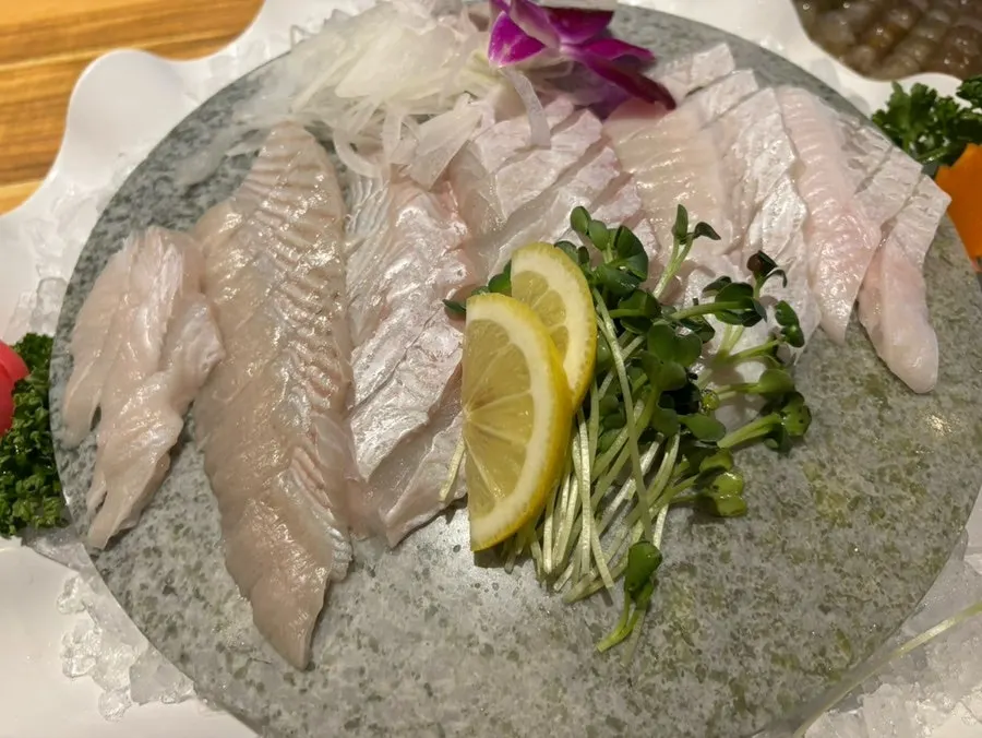 Order of flounder sashimi and mini raw shrimp sashimi