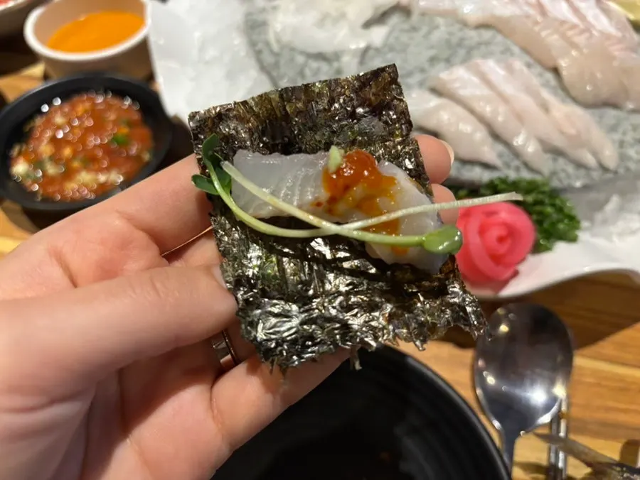 Thick-cut, chewy flounder sashimi